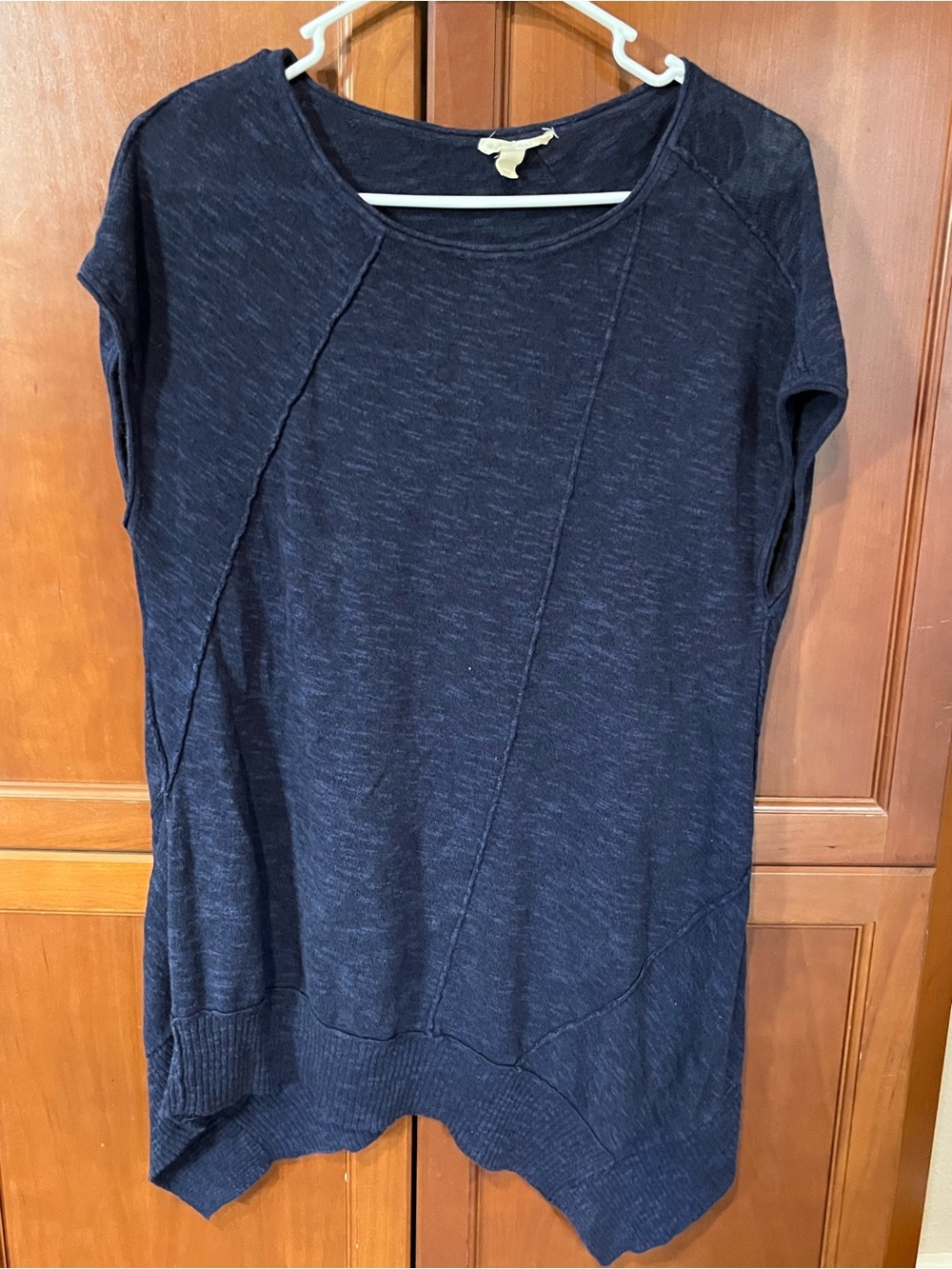 Eileen Fisher Womens M Navy Blue Asymmetrical Tunic Top Exposed Seam Lagenlook